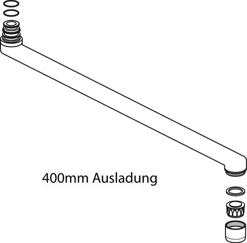 Rohrauslauf von Ideal Standard, mit verschiedenen Dichtungen und einem Anschluss. Ausführung zeigt eine gerade Form und Anschlussgewinde auf einer Seite.